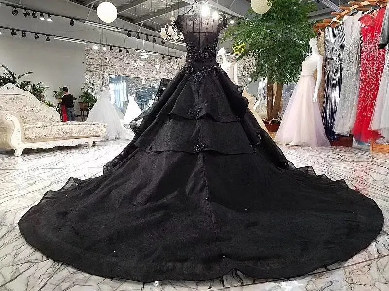 Stunning Cap Sleeves Ball Gown Black Long Quinceanera Dresses