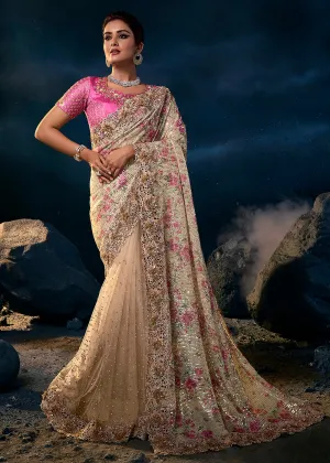 Stunning Cream Premium Net Heavy Embroidered Designer Saree