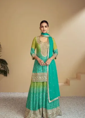 Stunning digital printed chinon sharara suit in Mint Green