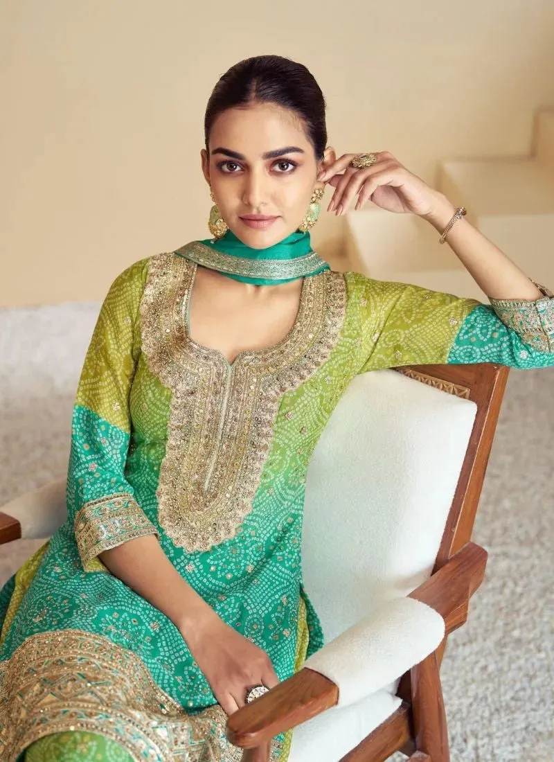 Stunning digital printed chinon sharara suit in Mint Green