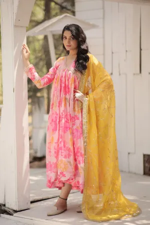 Stunning Digital Printed Russian Silk Pink Dress with Embroidered Dupatta