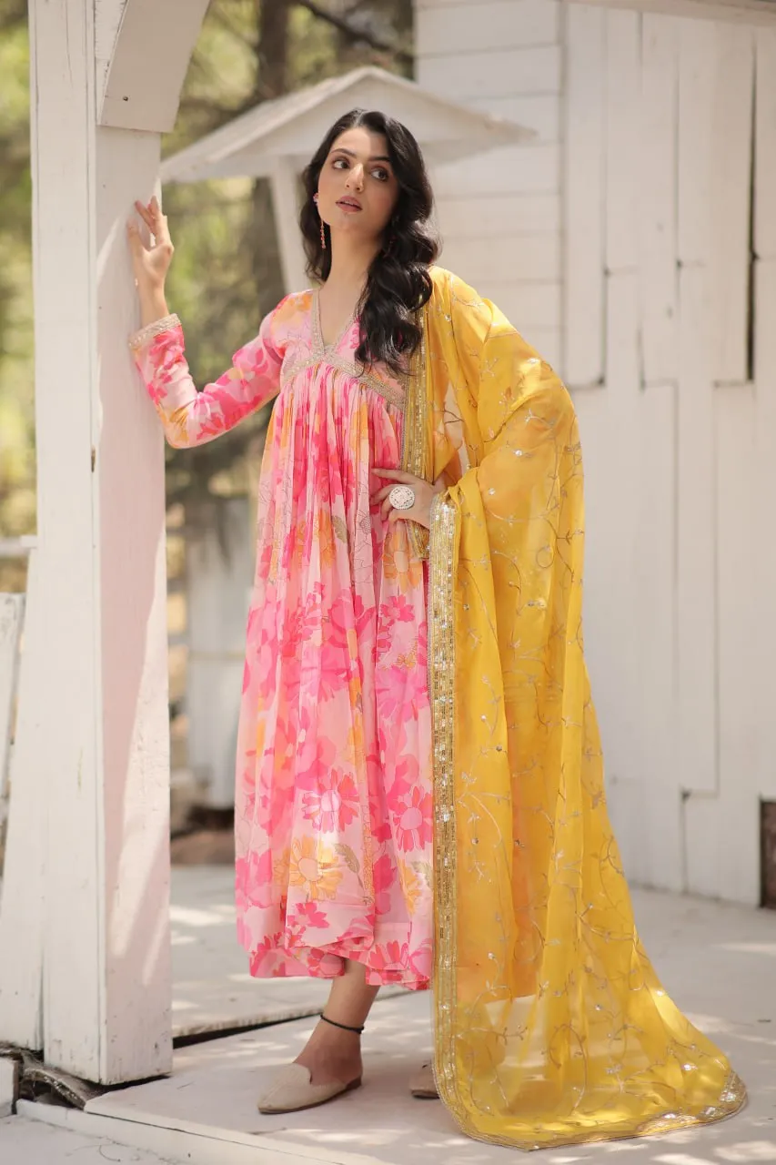 Stunning Digital Printed Russian Silk Pink Dress with Embroidered Dupatta