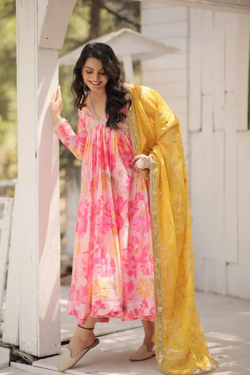 Stunning Digital Printed Russian Silk Pink Dress with Embroidered Dupatta