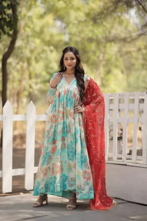 Stunning Digital Printed Russian Silk Sky Blue Dress with Embroidered Dupatta