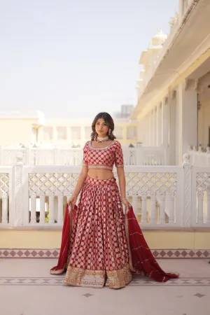 Stunning Dyeable Viscose Jacquard Red Lehenga Set with Embroidered Sequins