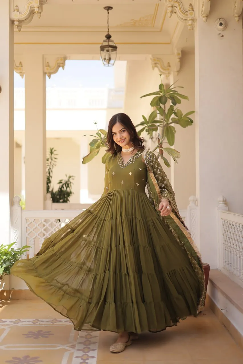 Stunning  Georgette Readymade Ruffled Gown with Dupatta