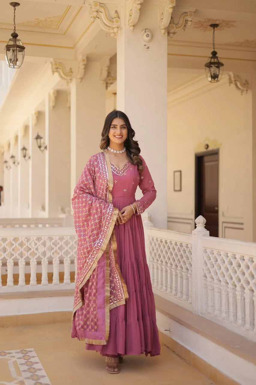 Stunning  Georgette Readymade Ruffled Gown with Dupatta