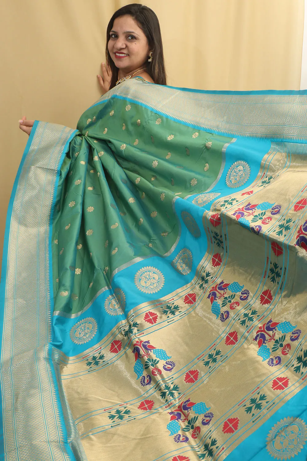 Stunning Green & Blue Paithani Silk Saree With Maharani Pallu