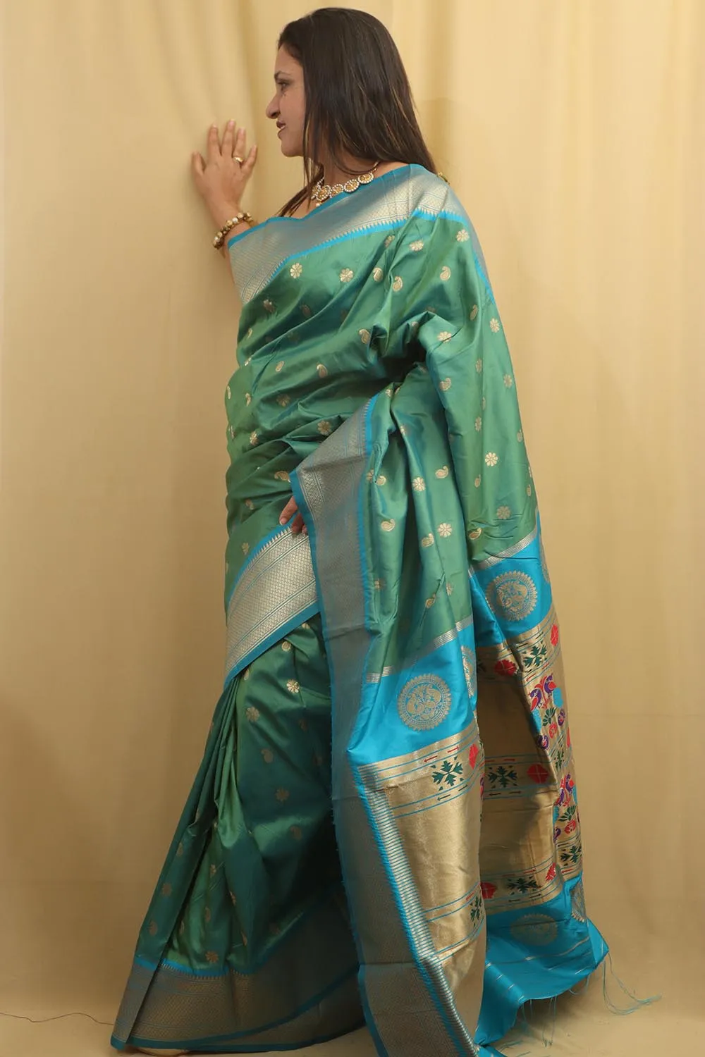 Stunning Green & Blue Paithani Silk Saree With Maharani Pallu