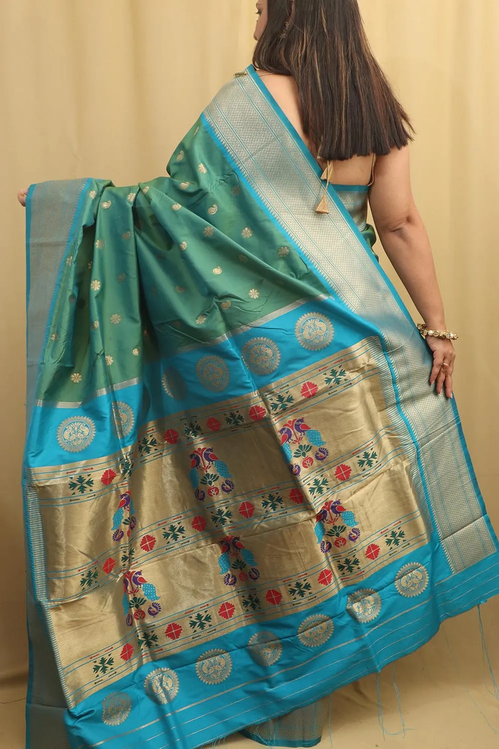 Stunning Green & Blue Paithani Silk Saree With Maharani Pallu