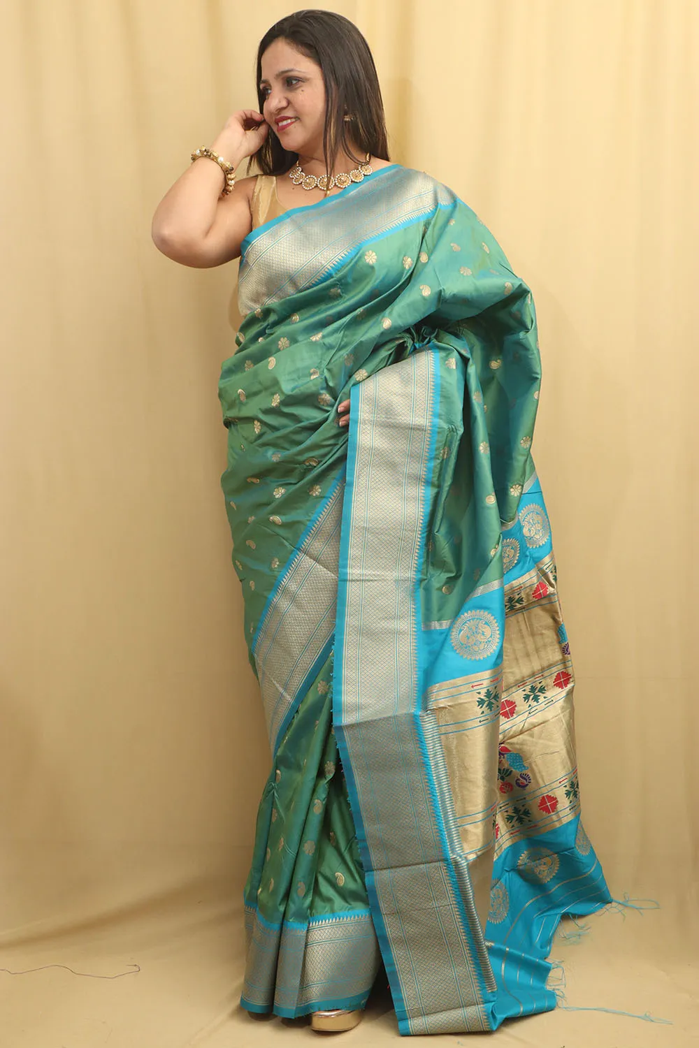 Stunning Green & Blue Paithani Silk Saree With Maharani Pallu