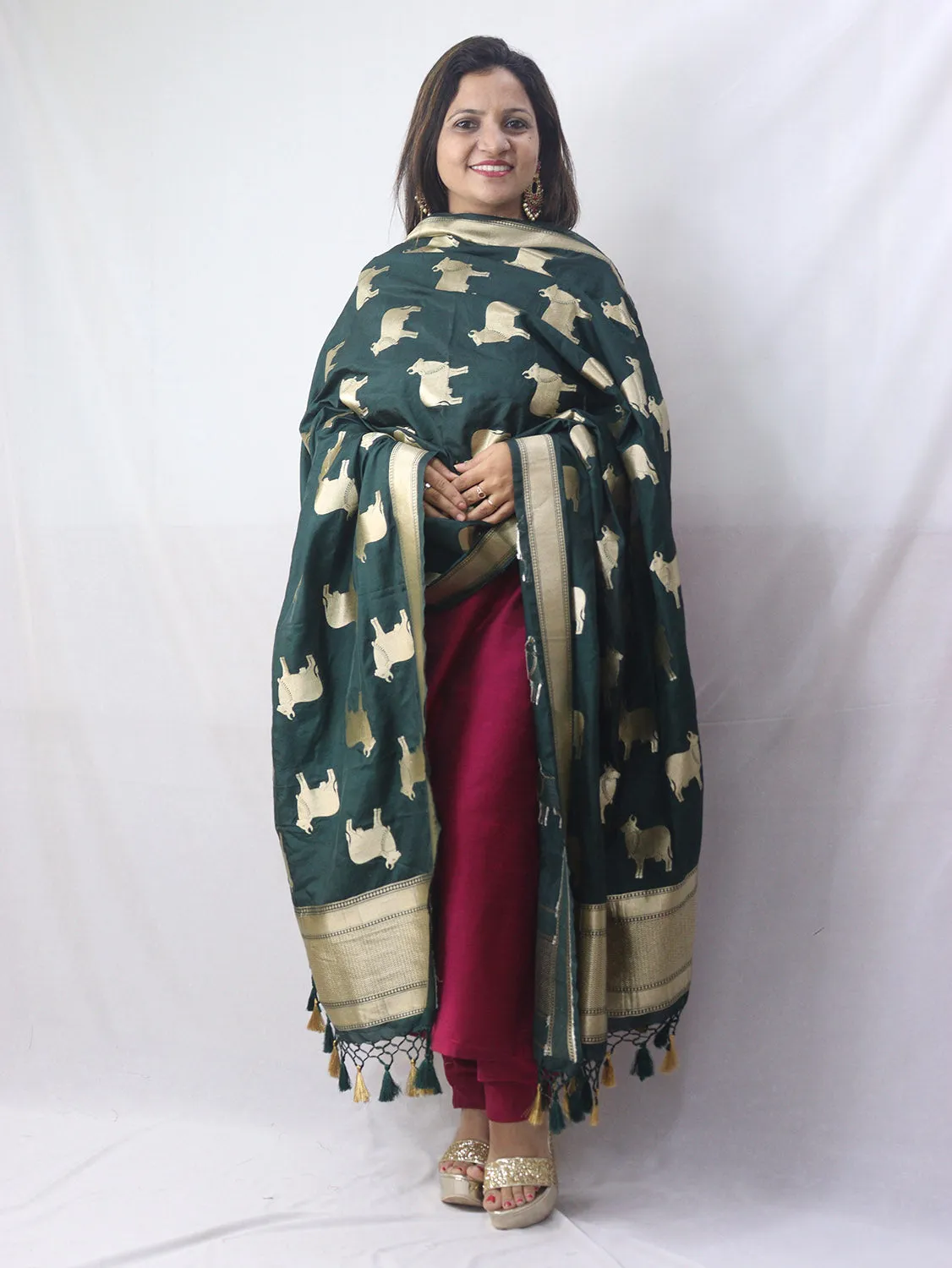 Stunning Green Banarasi Silk Cow Design Dupatta