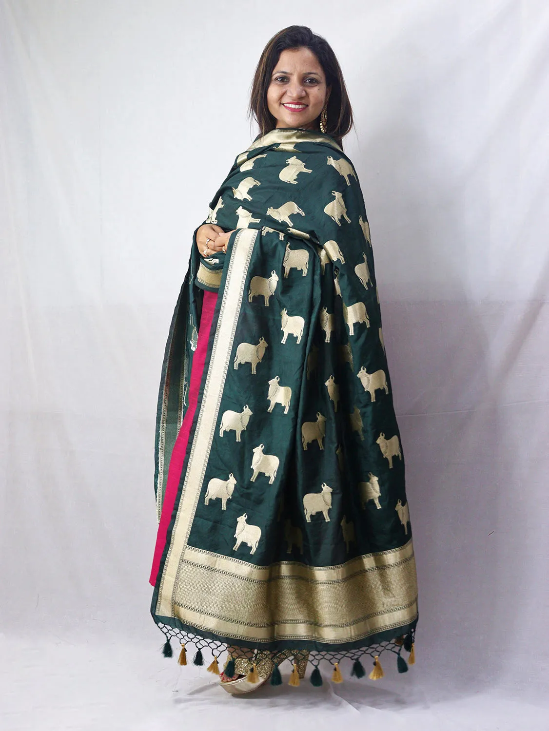 Stunning Green Banarasi Silk Cow Design Dupatta