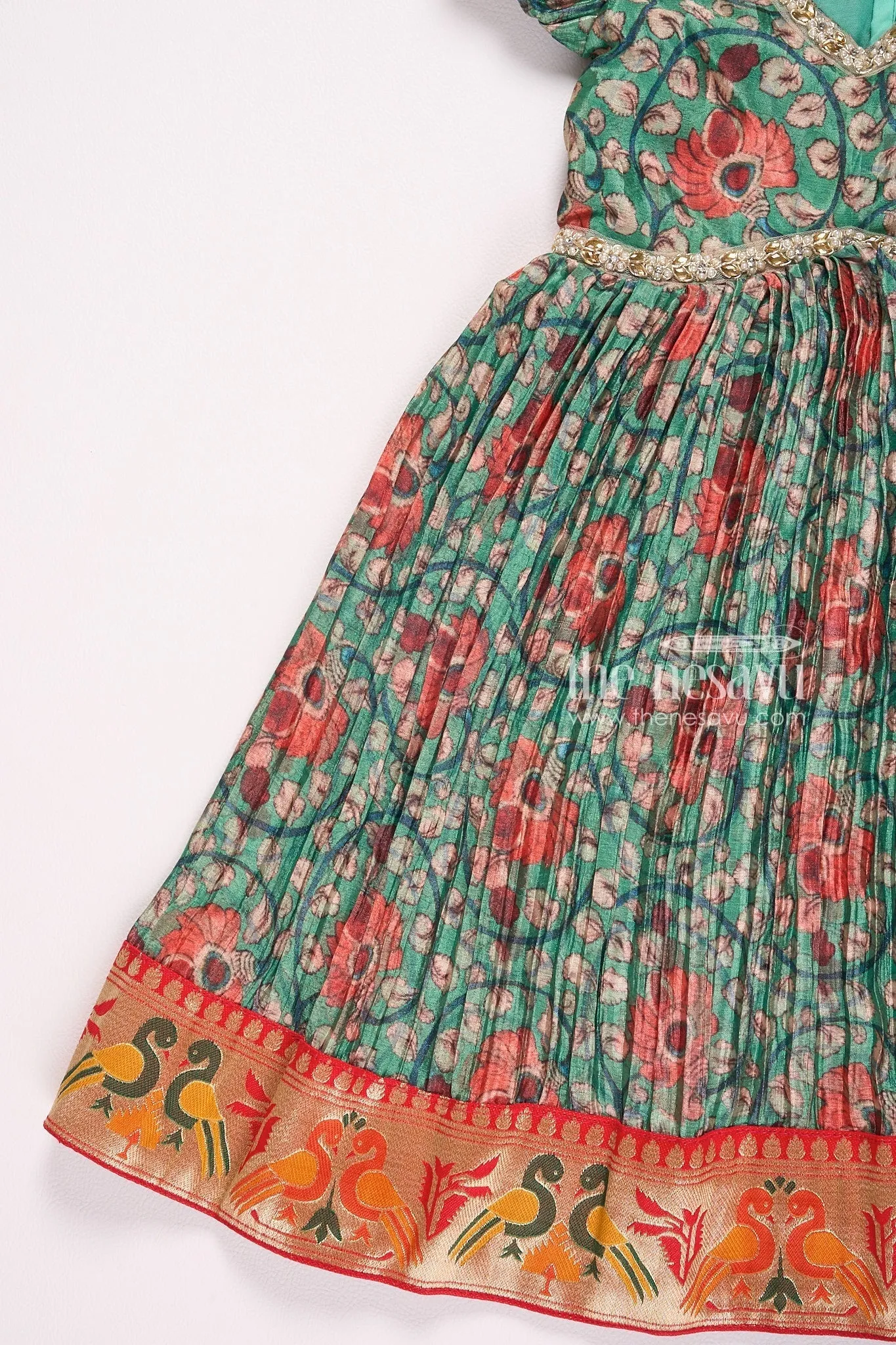 Stunning Green Kalamkari Chinon Party Gown for Girls