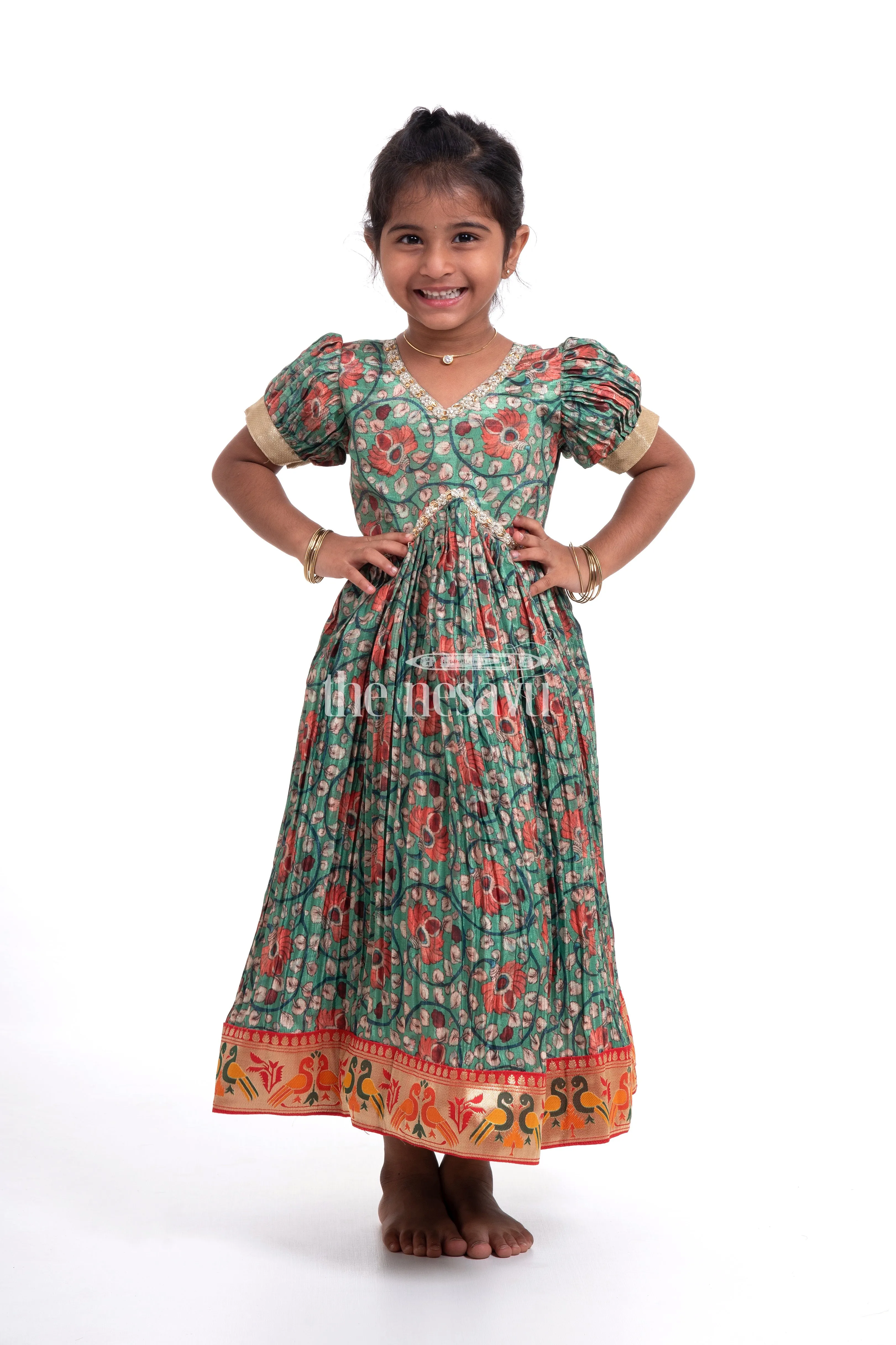 Stunning Green Kalamkari Chinon Party Gown for Girls