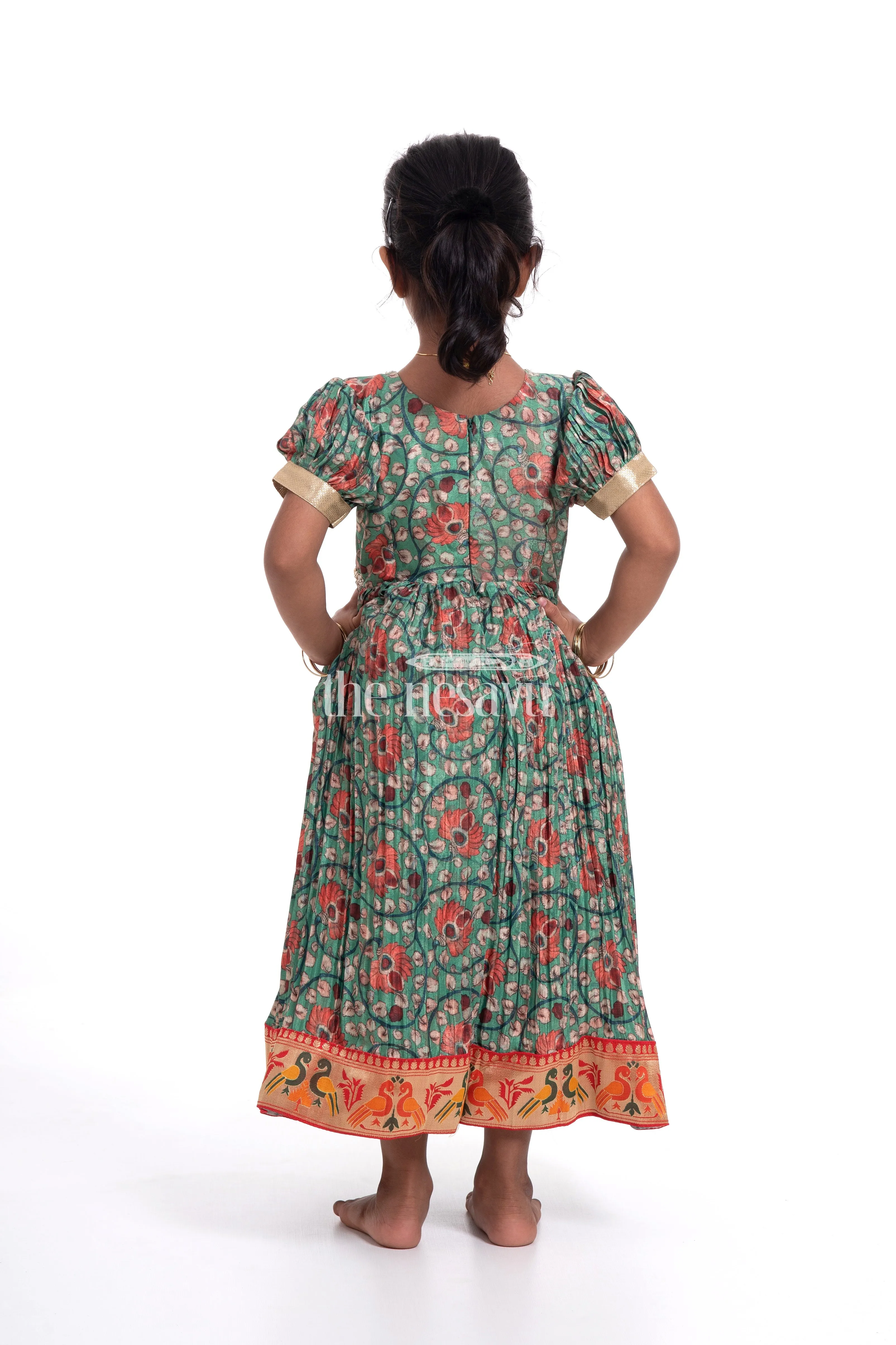 Stunning Green Kalamkari Chinon Party Gown for Girls