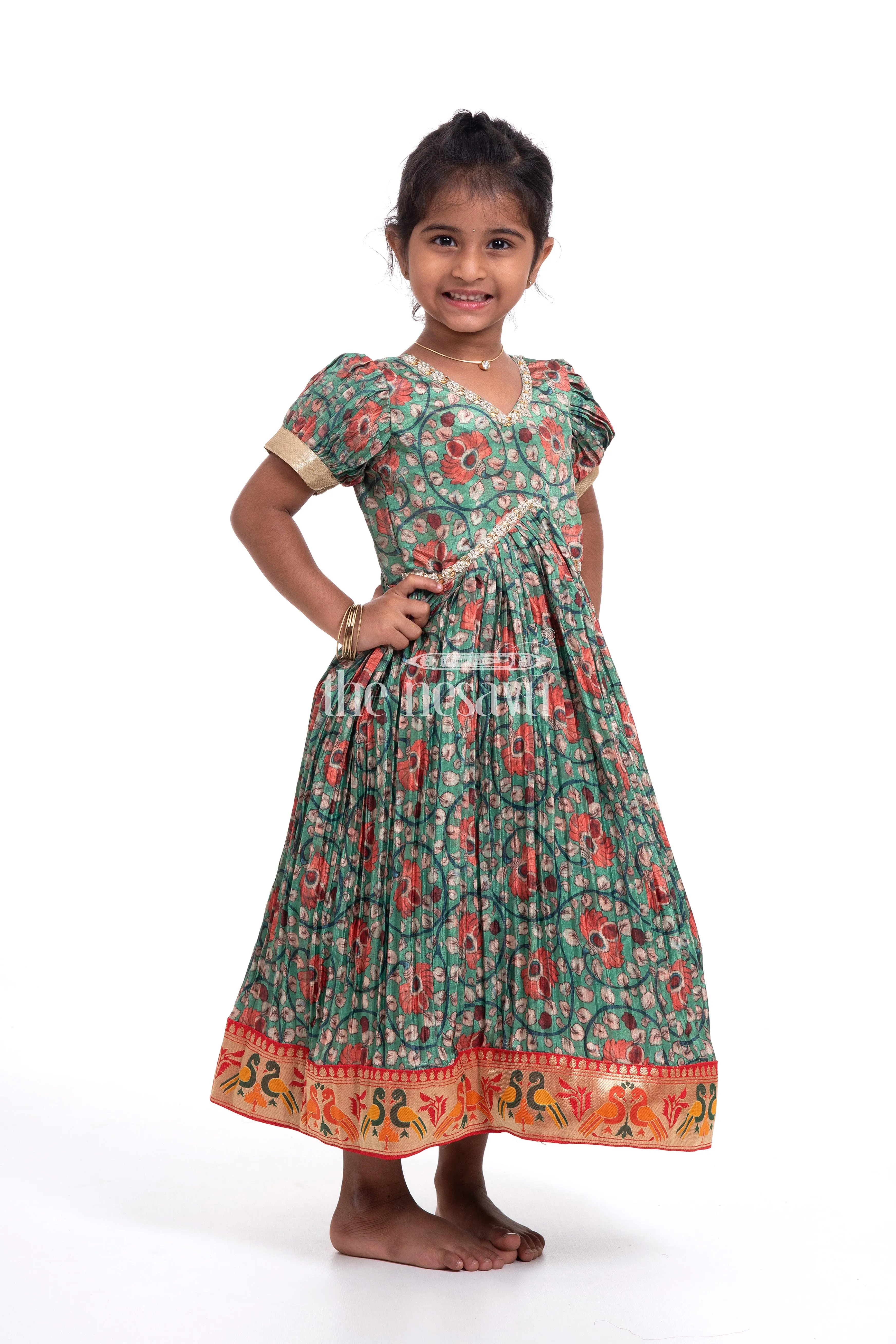 Stunning Green Kalamkari Chinon Party Gown for Girls