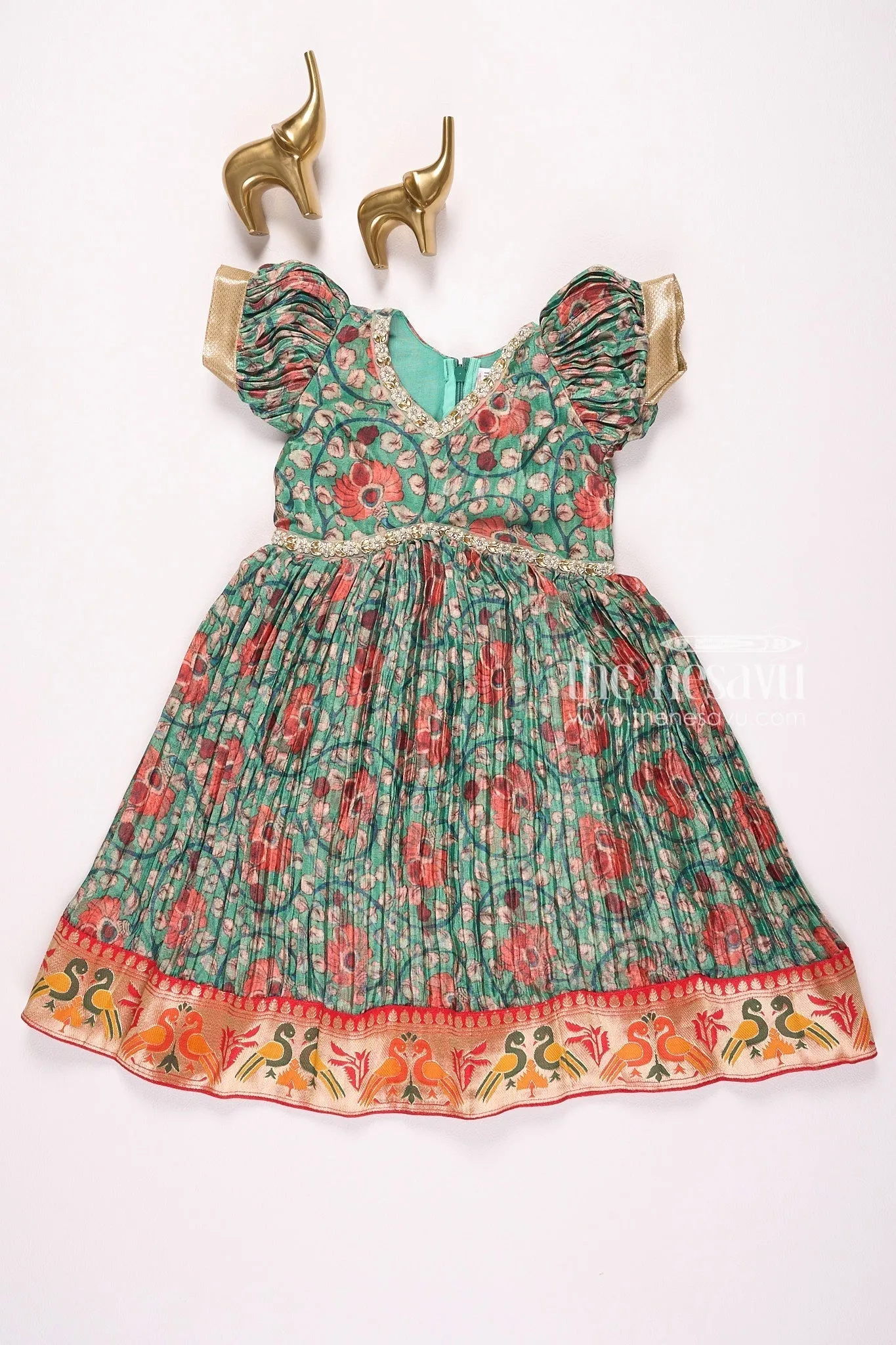 Stunning Green Kalamkari Chinon Party Gown for Girls