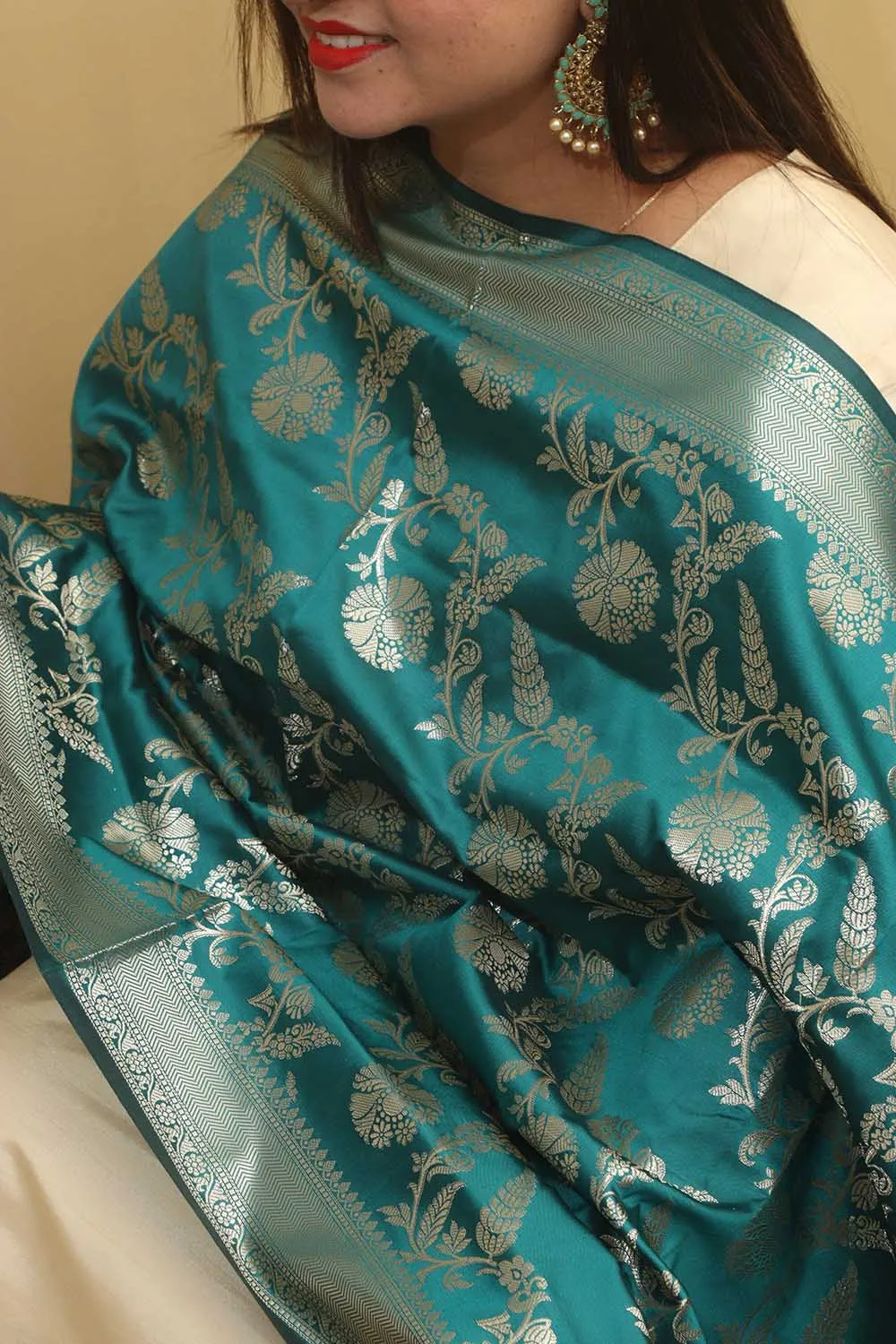 Stunning Greenish Blue Banarasi Silk Dupatta