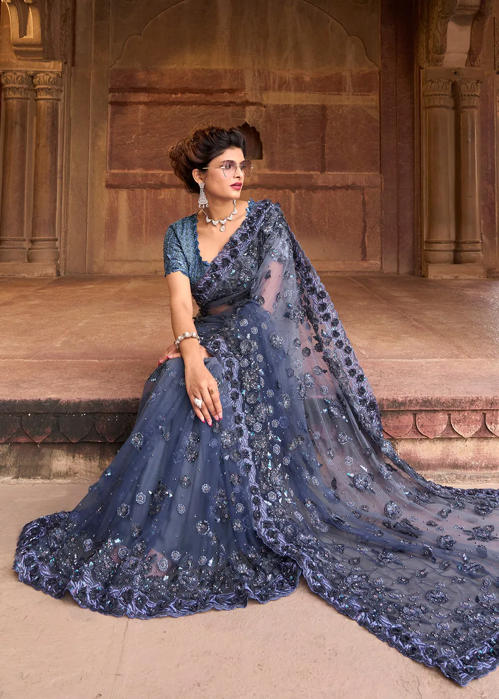 Stunning Grey Applique Net Designer Bridal Party Wear Saree