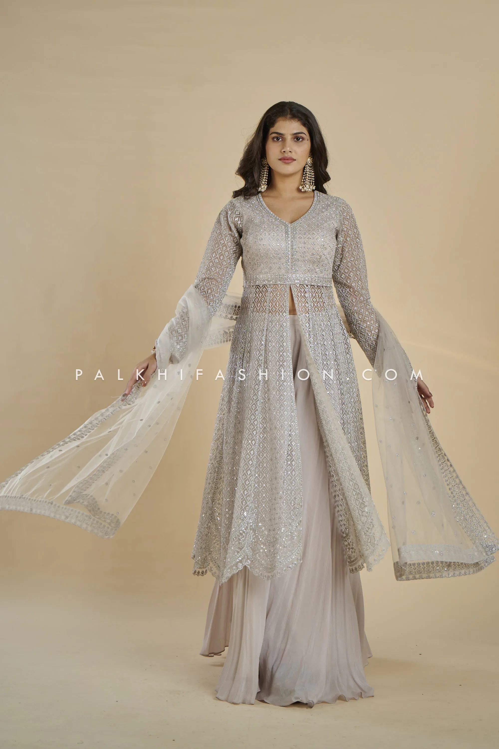 Stunning Grey Indo-Western Outfit with Embroidery & Cutwork | Palkhi Fashion