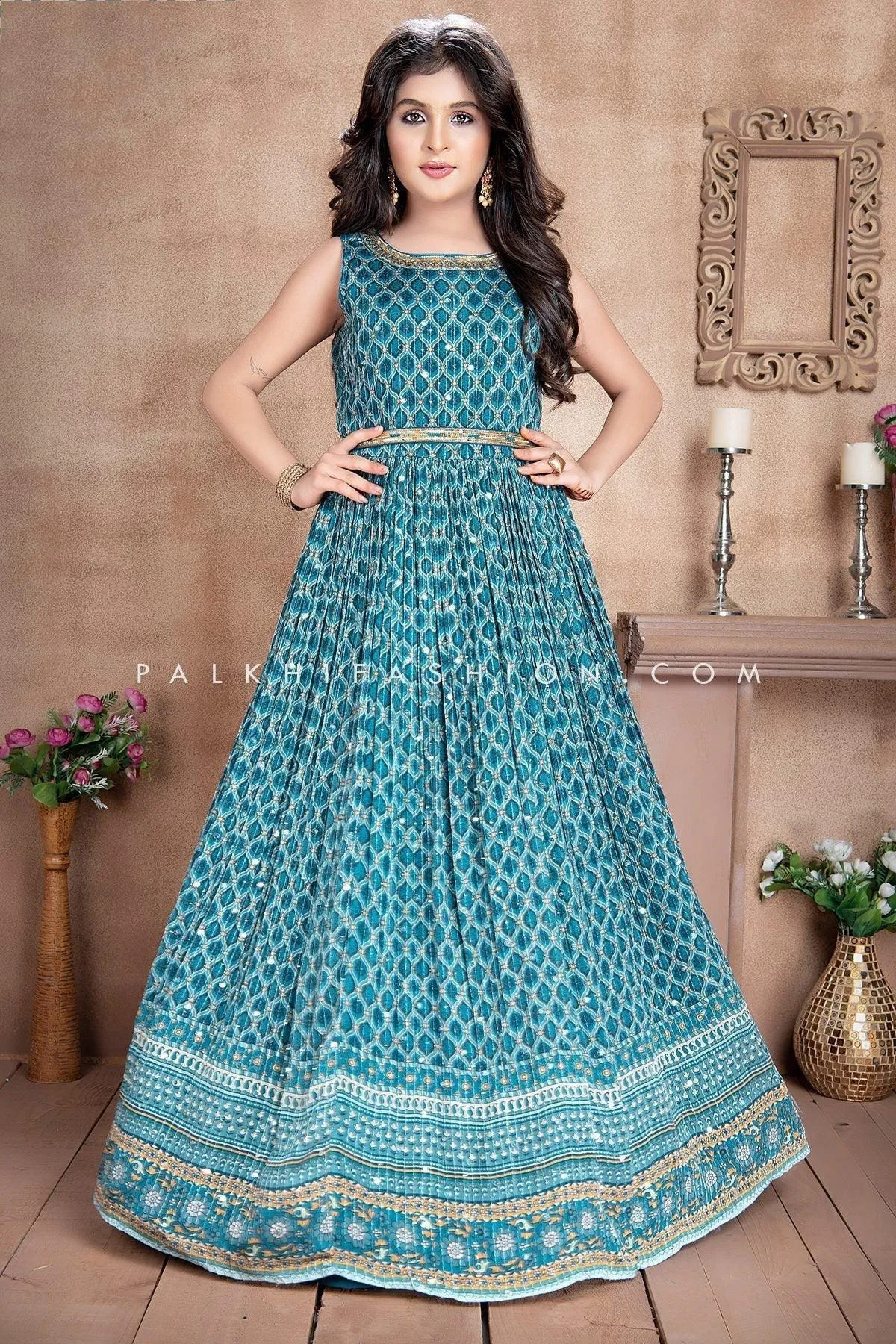 Stunning Light Blue Embroidery Work Gown For Girls