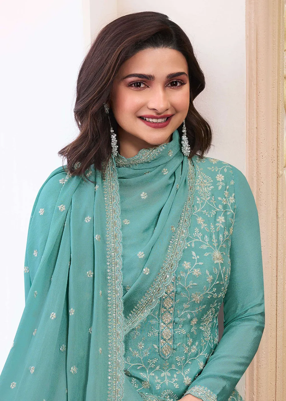 Stunning Mint Blue Embroidered Festive Salwar Suit