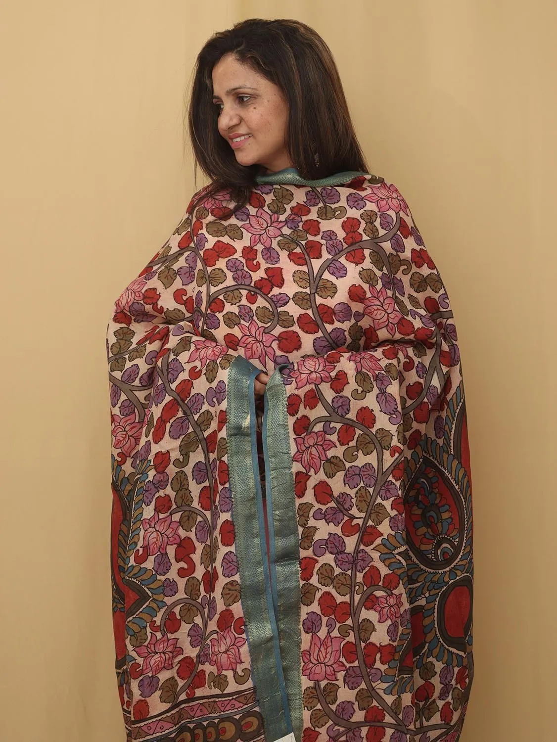 Stunning Multicolor Kalamkari Silk Dupatta with Pen Work