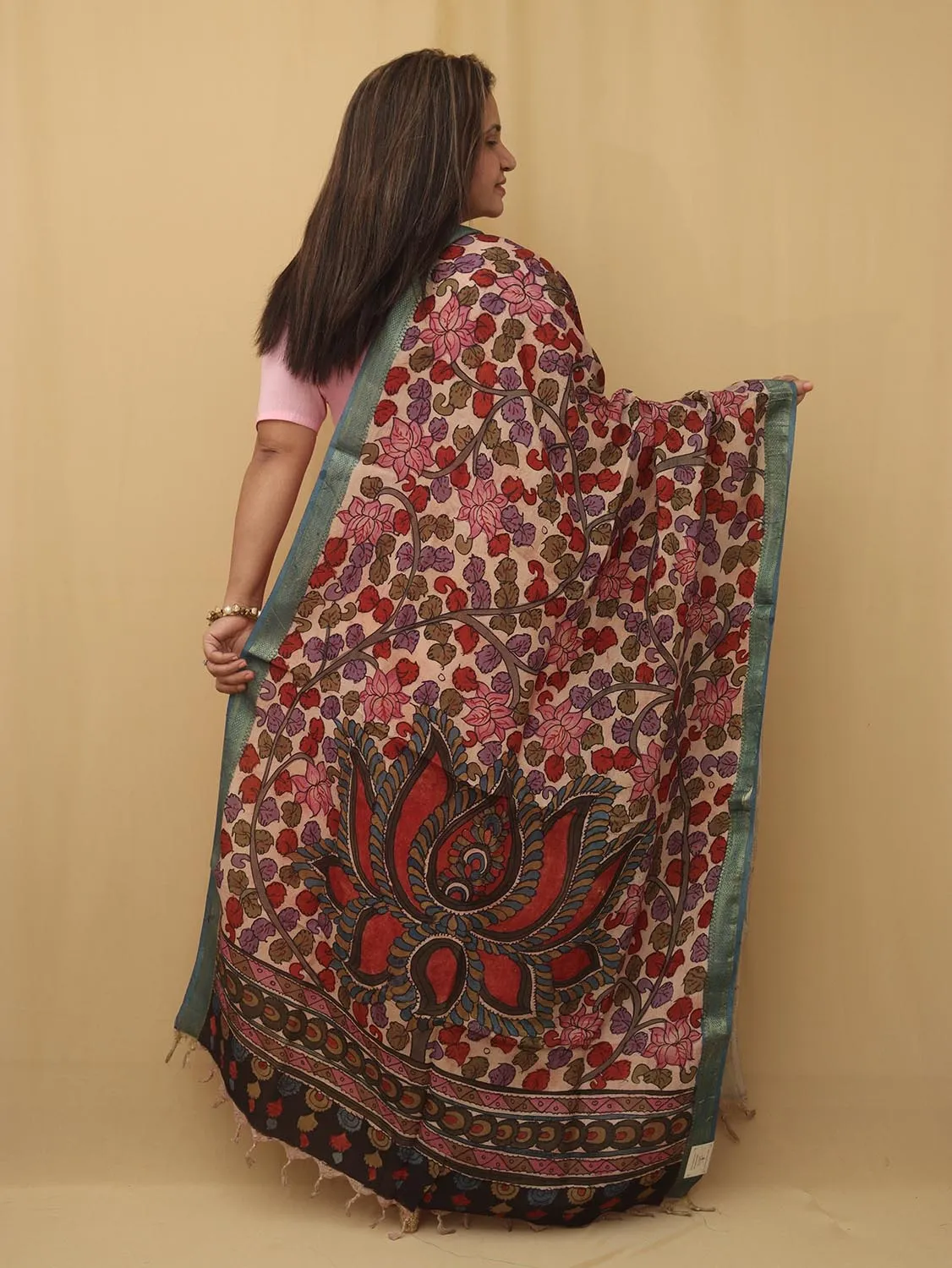 Stunning Multicolor Kalamkari Silk Dupatta with Pen Work