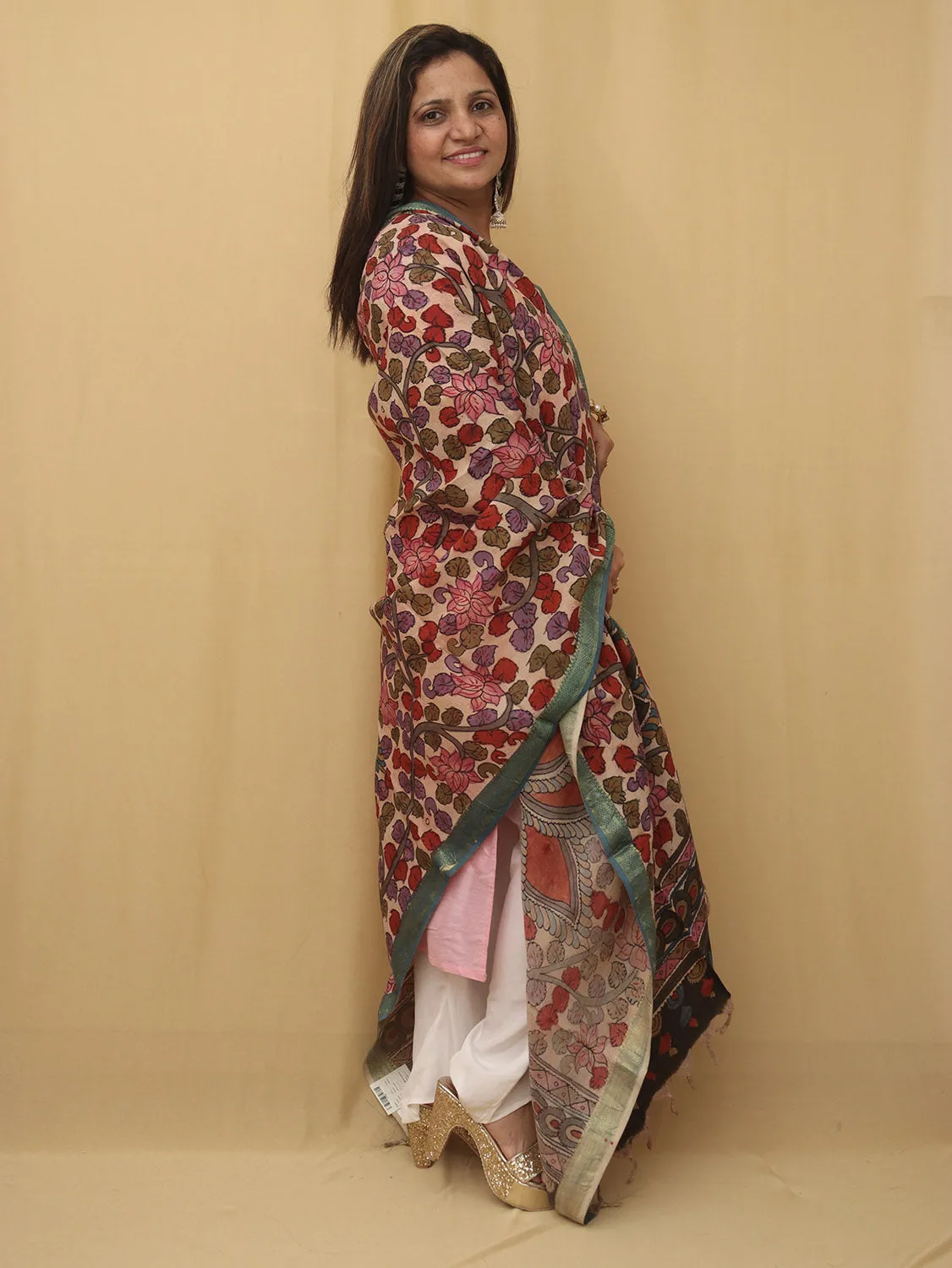 Stunning Multicolor Kalamkari Silk Dupatta with Pen Work