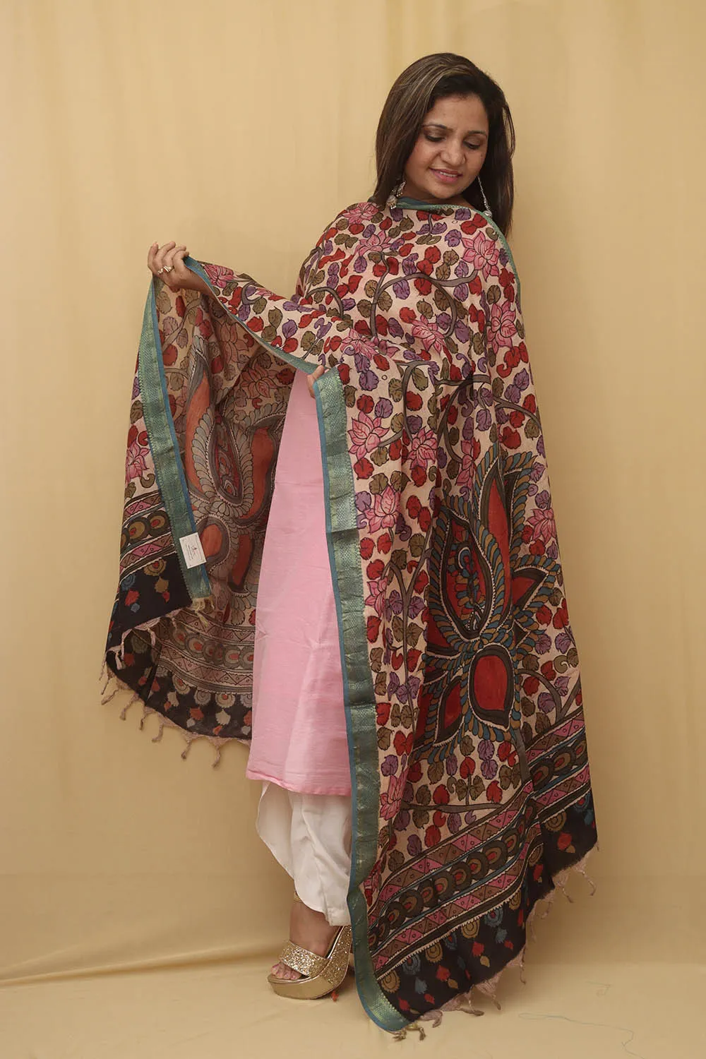 Stunning Multicolor Kalamkari Silk Dupatta with Pen Work