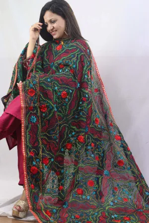 Stunning Multicolor Phulkari Chanderi Silk Dupatta with Intricate Embroidery