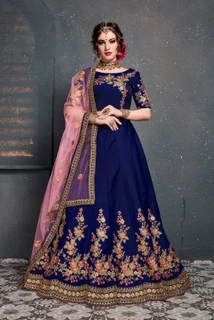 Stunning Navy Blue Embroidered Taffeta Silk Bridal Lehenga Choli