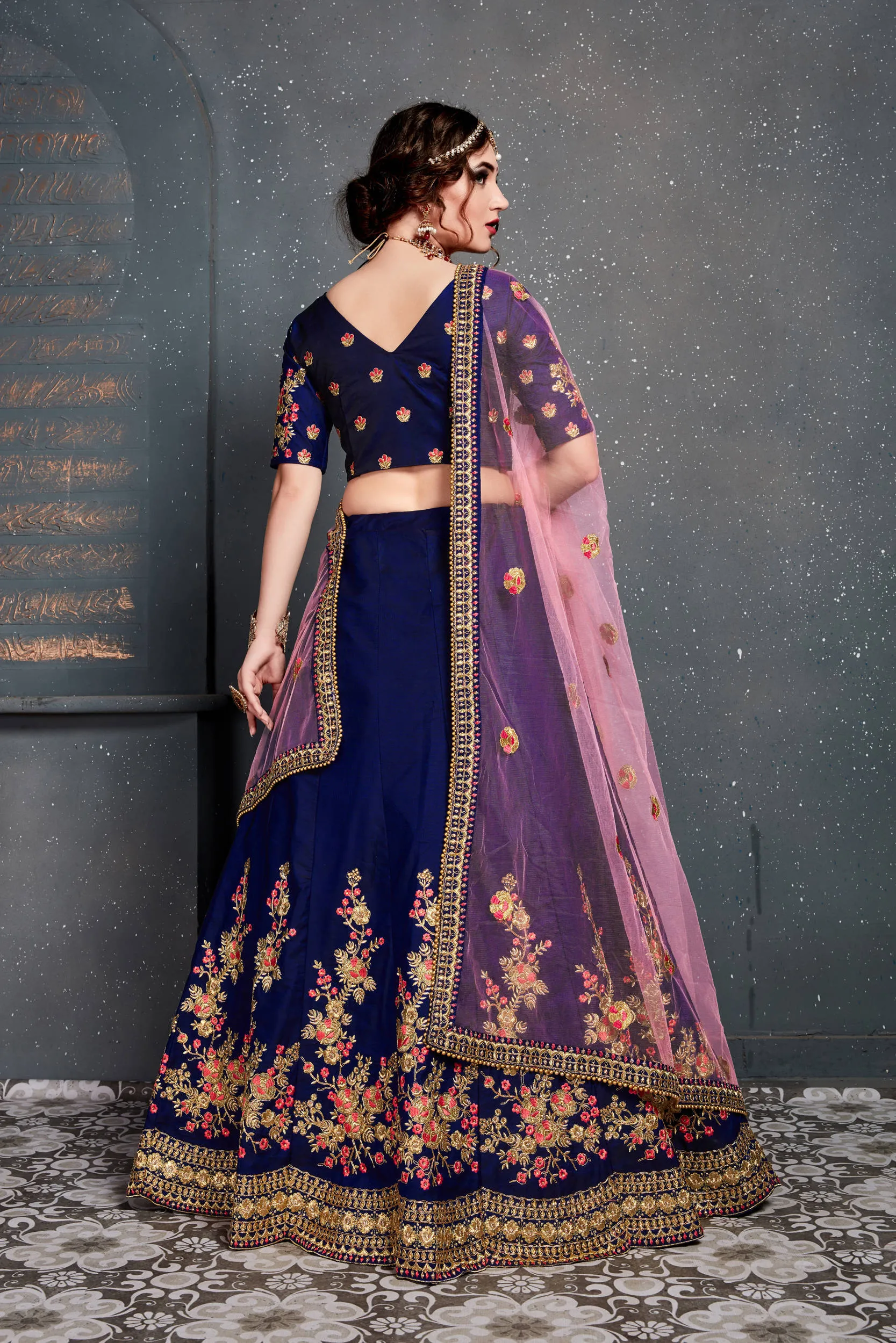 Stunning Navy Blue Embroidered Taffeta Silk Bridal Lehenga Choli