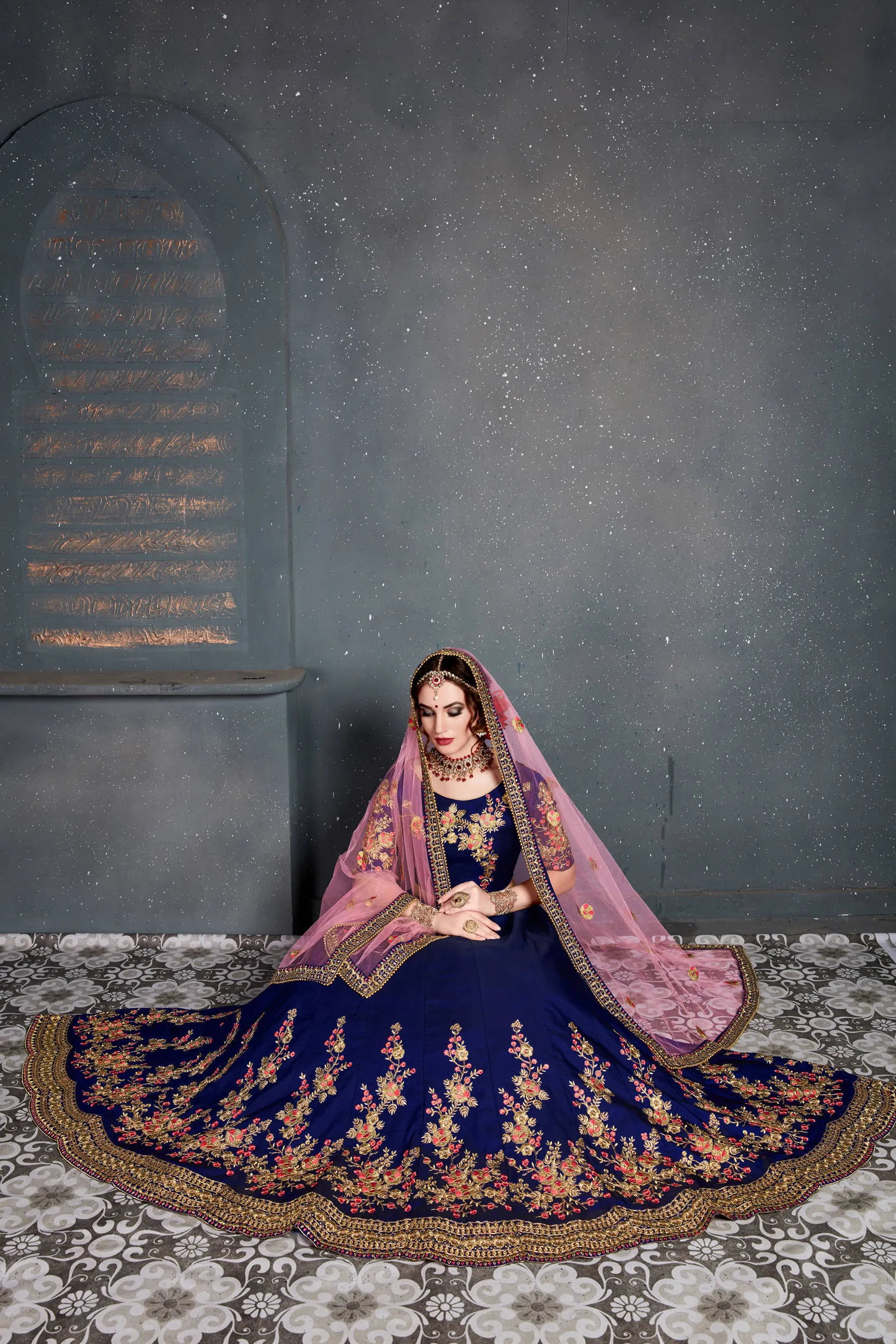 Stunning Navy Blue Embroidered Taffeta Silk Bridal Lehenga Choli