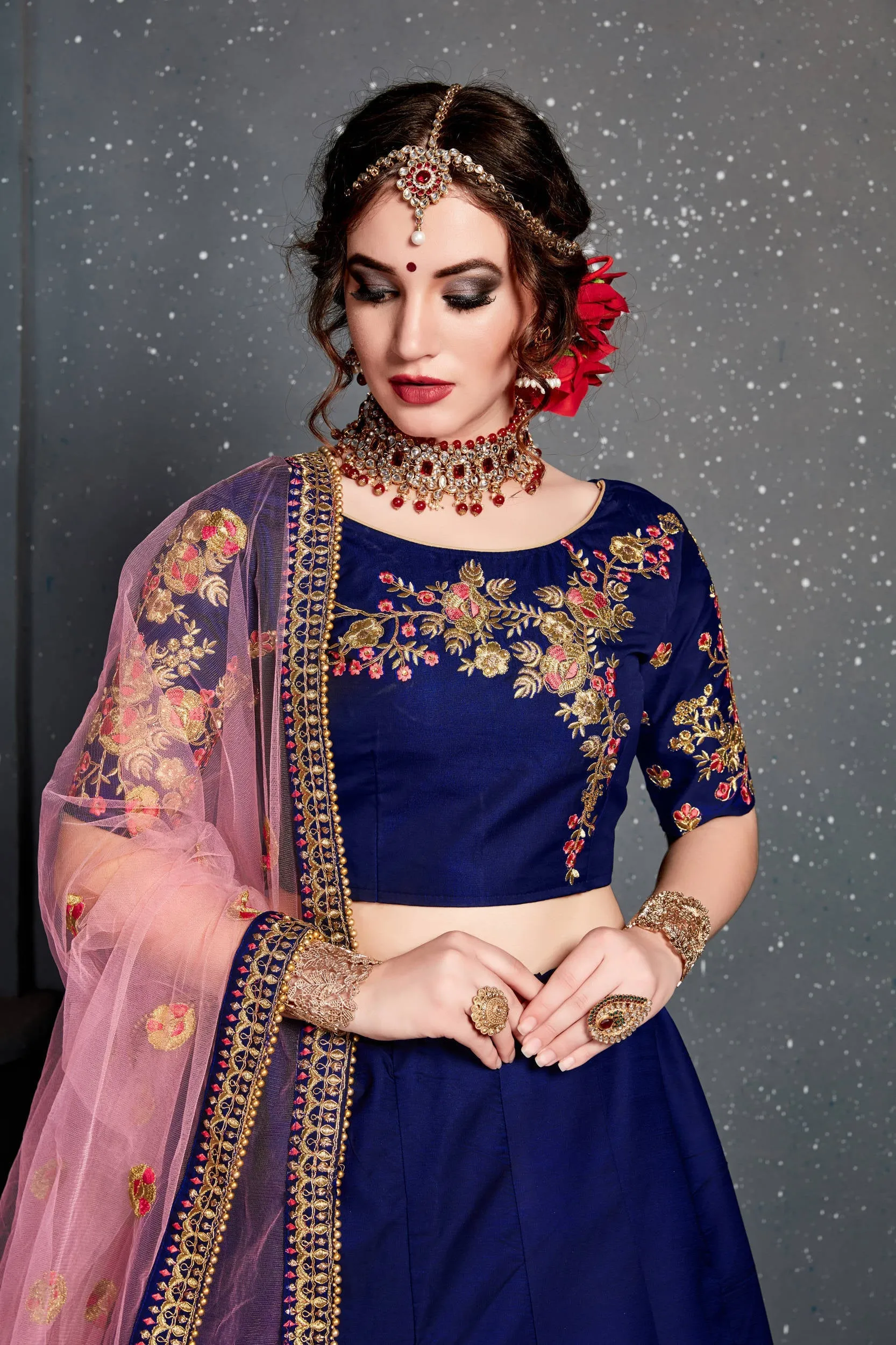 Stunning Navy Blue Embroidered Taffeta Silk Bridal Lehenga Choli