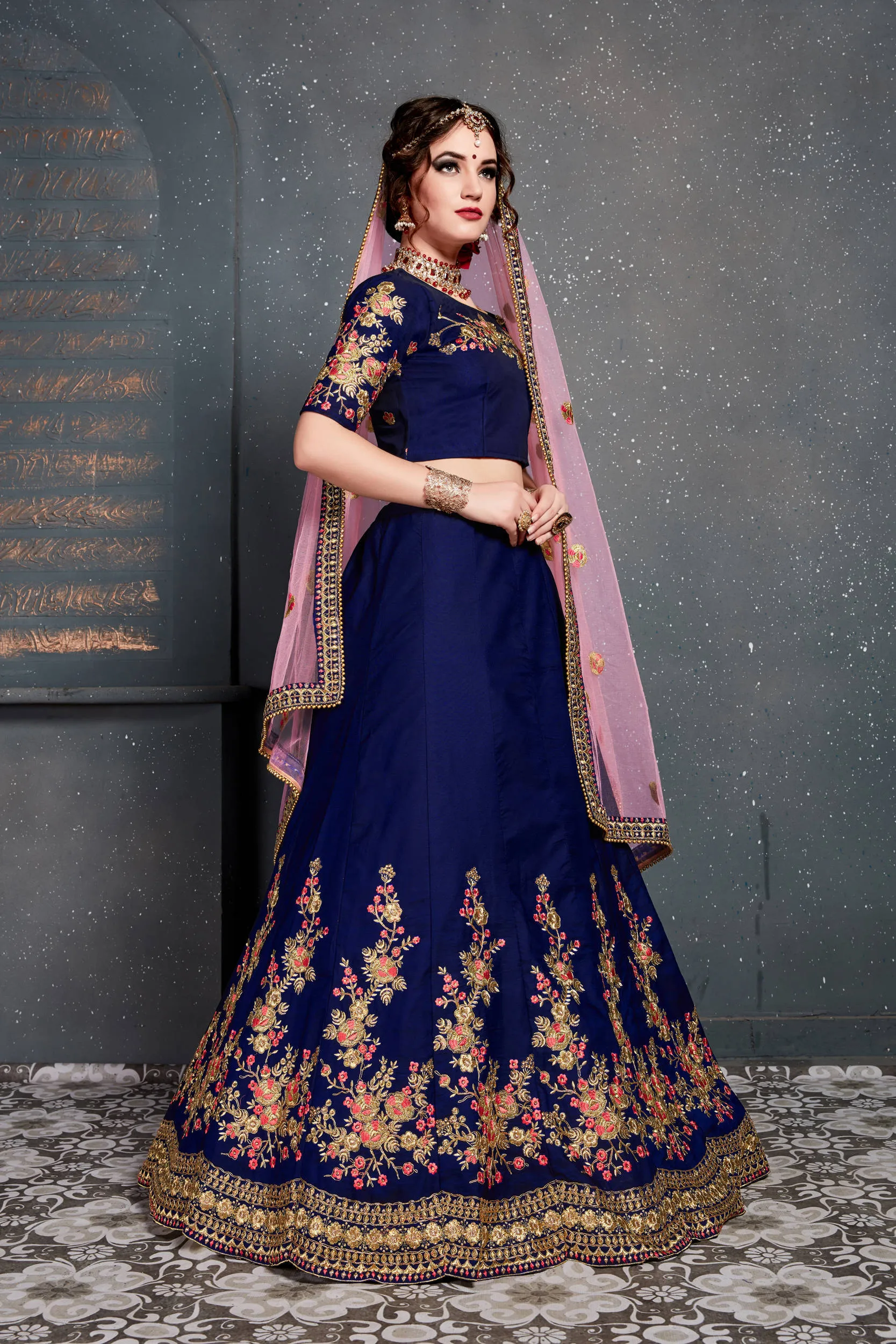 Stunning Navy Blue Embroidered Taffeta Silk Bridal Lehenga Choli