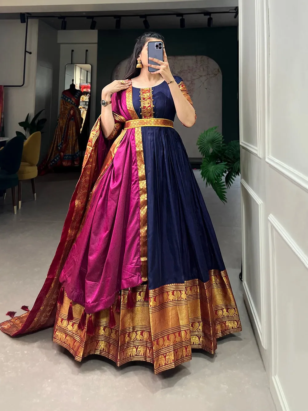 Stunning Navy Blue Traditional Narayanpet Gown with Dupatta & Belt