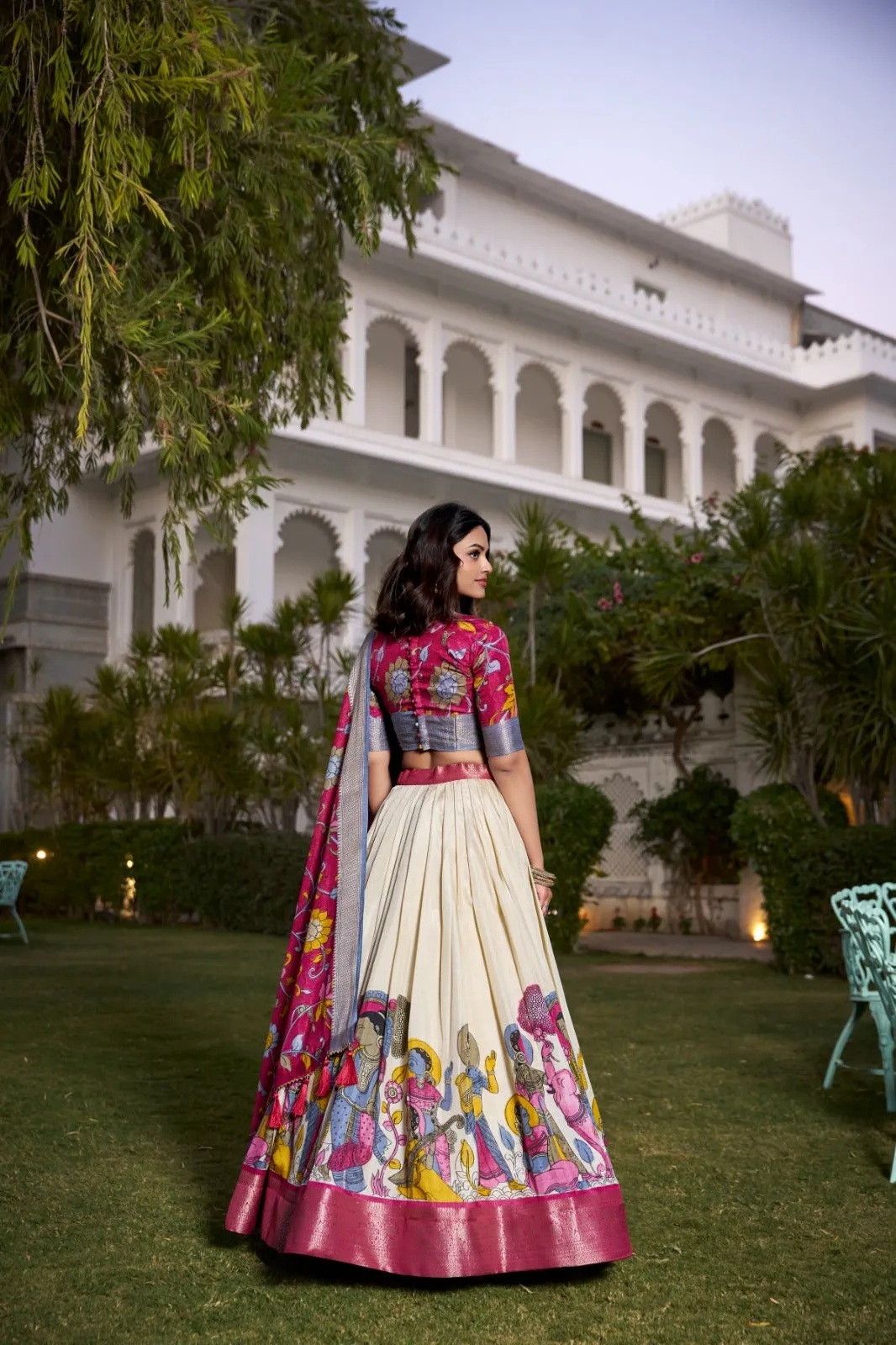 Stunning Off-White Jacquard Silk Kalamkari Printed Lehenga Choli