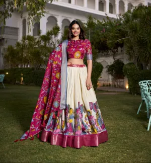 Stunning Off-White Jacquard Silk Kalamkari Printed Lehenga Choli