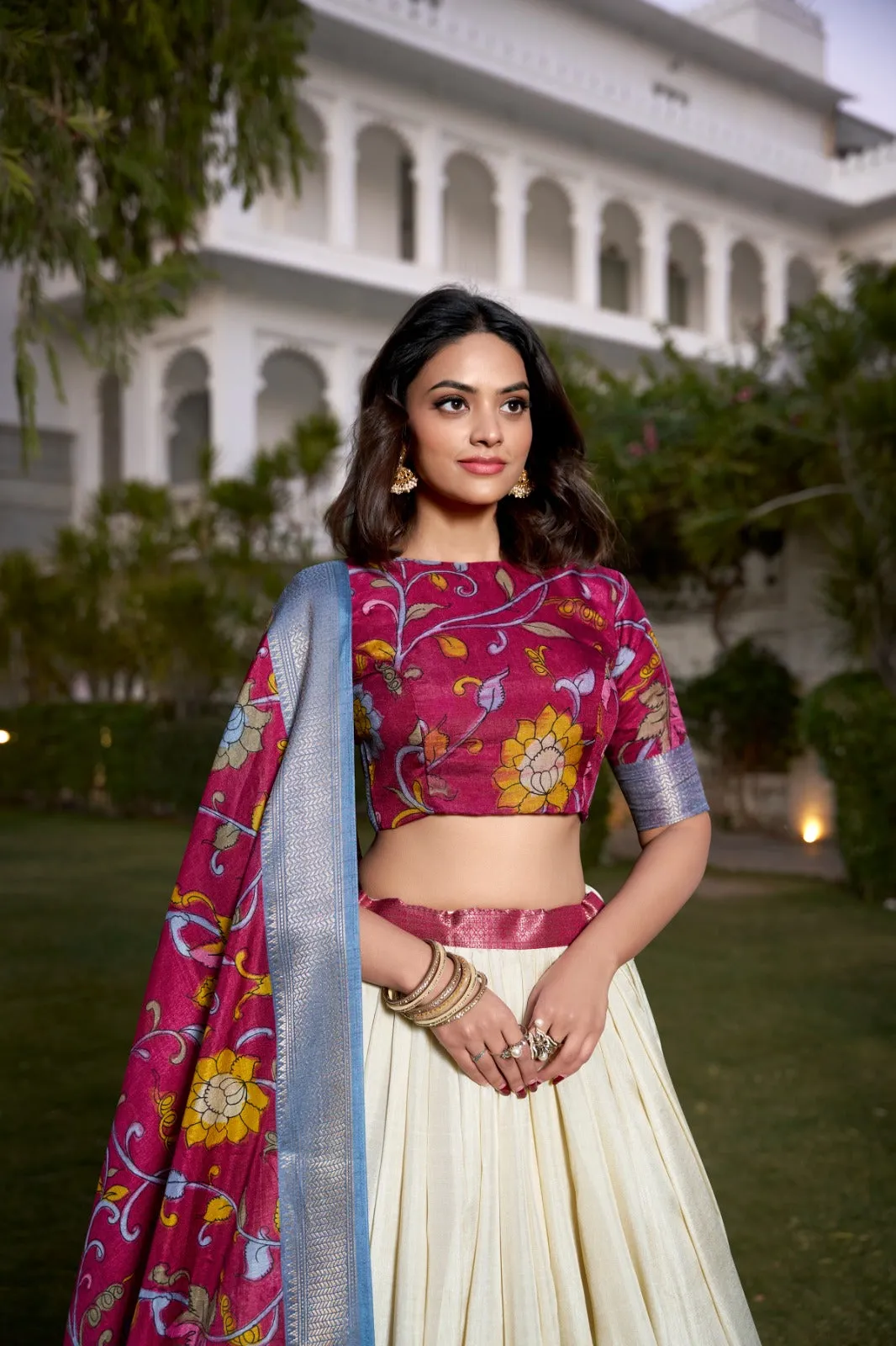 Stunning Off-White Jacquard Silk Kalamkari Printed Lehenga Choli