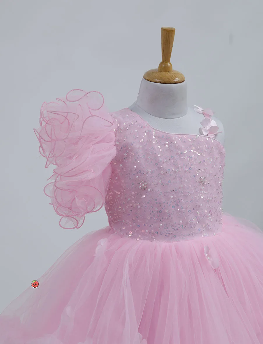 Stunning One-Sleeve Pink Party Dress for Girls