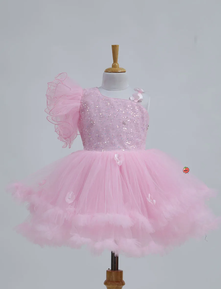 Stunning One-Sleeve Pink Party Dress for Girls