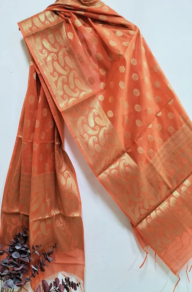 Stunning Orange Banarasi Cotton Silk Dupatta - Perfect Accessory