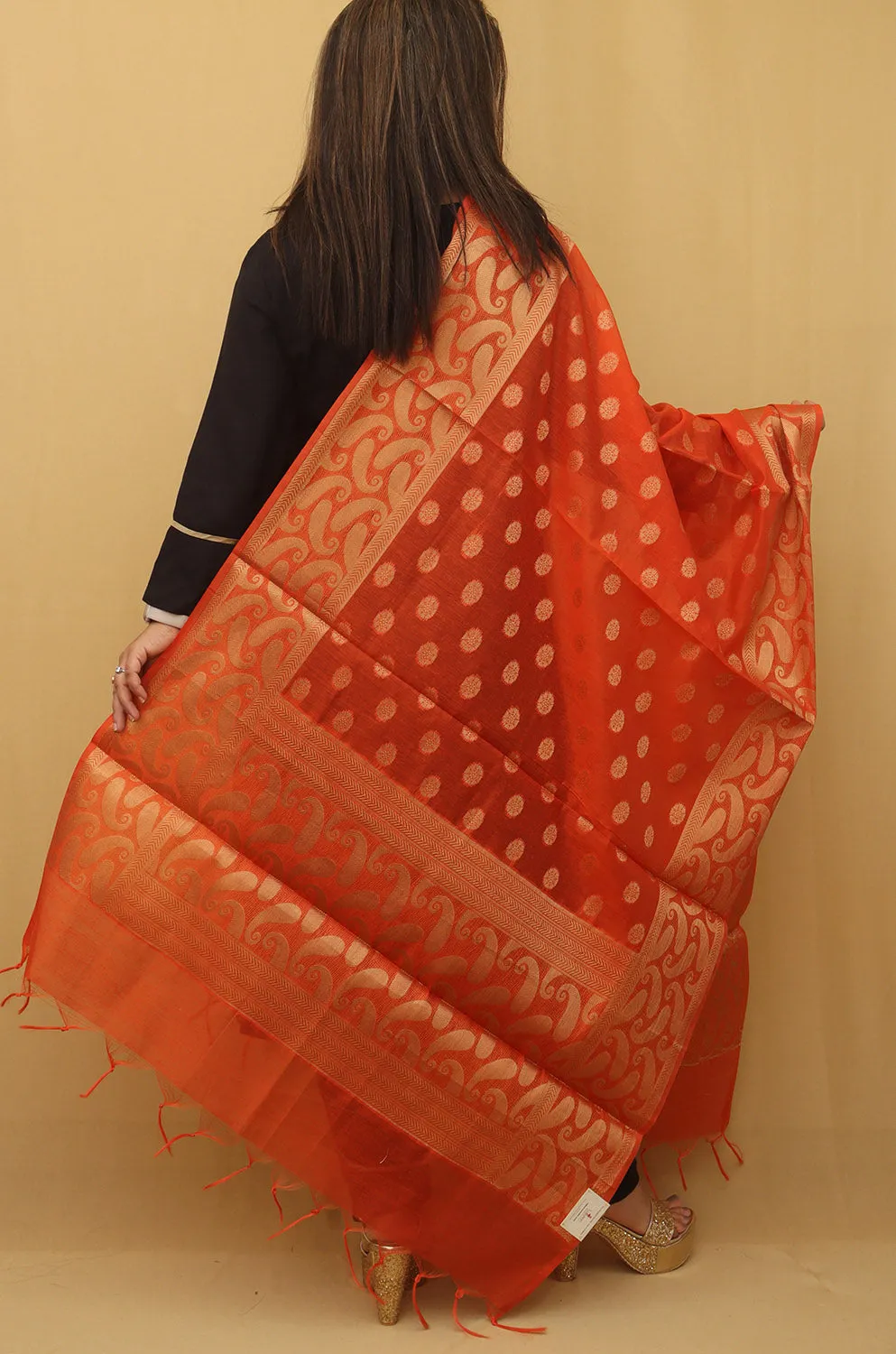 Stunning Orange Banarasi Cotton Silk Dupatta - Perfect Accessory