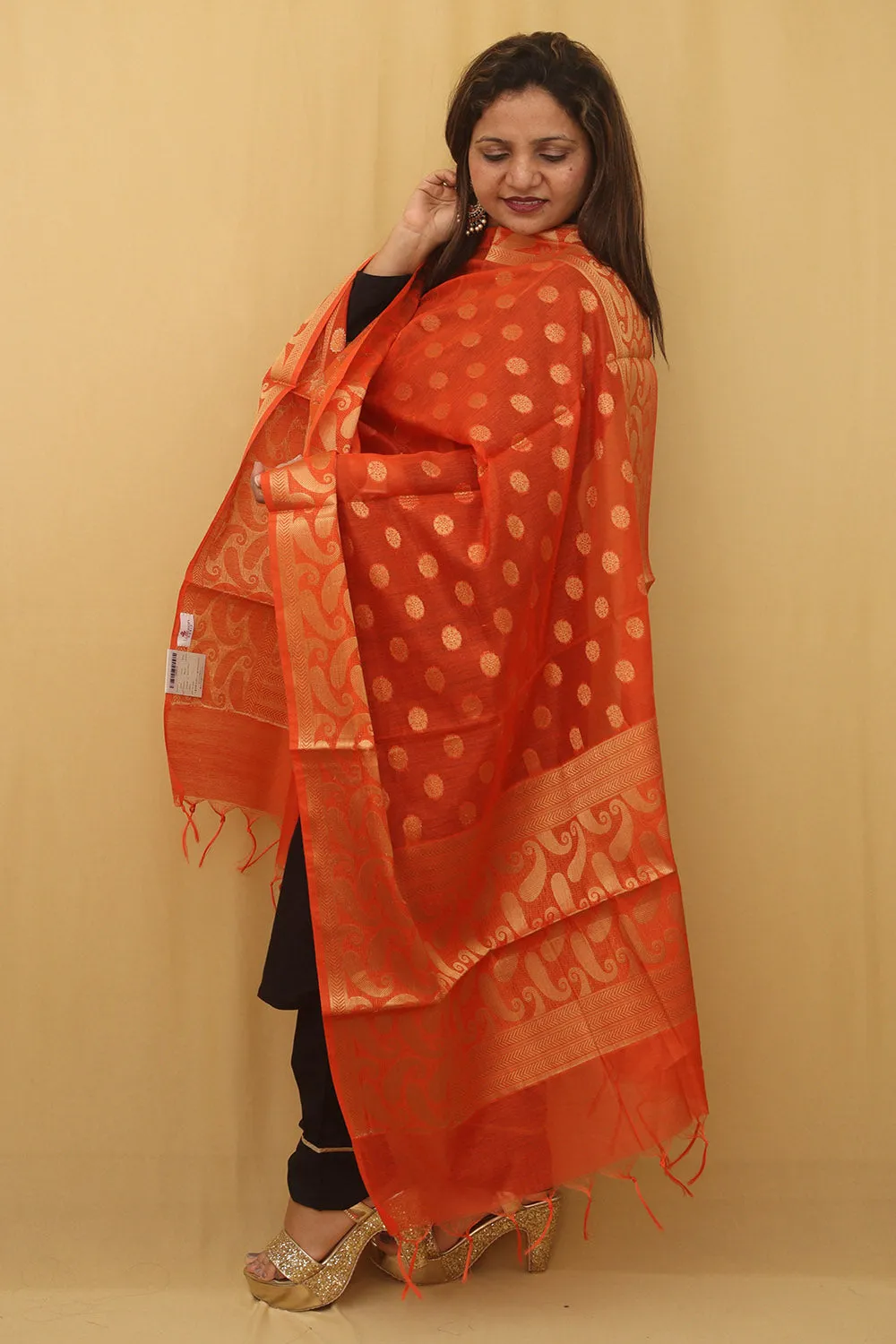 Stunning Orange Banarasi Cotton Silk Dupatta - Perfect Accessory