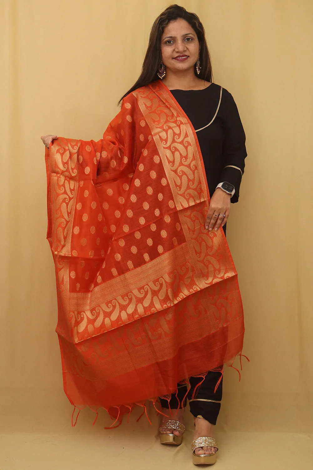 Stunning Orange Banarasi Cotton Silk Dupatta - Perfect Accessory