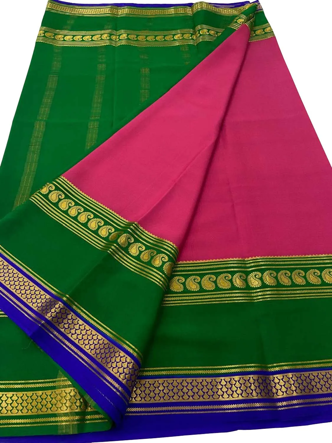 Stunning Pink & Green Handloom Mysore Silk Saree