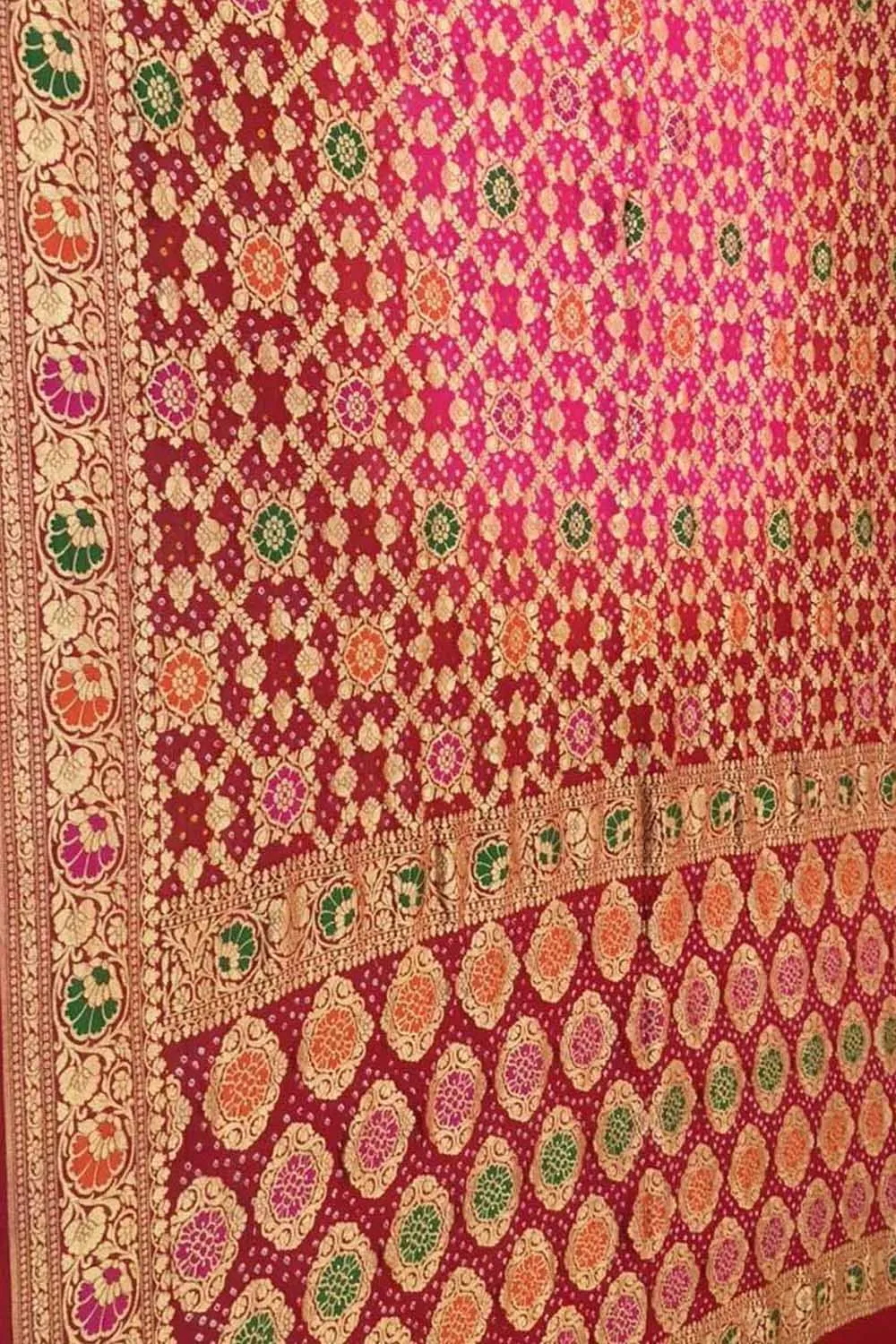 Stunning Pink and Red Banarasi Bandhani Saree