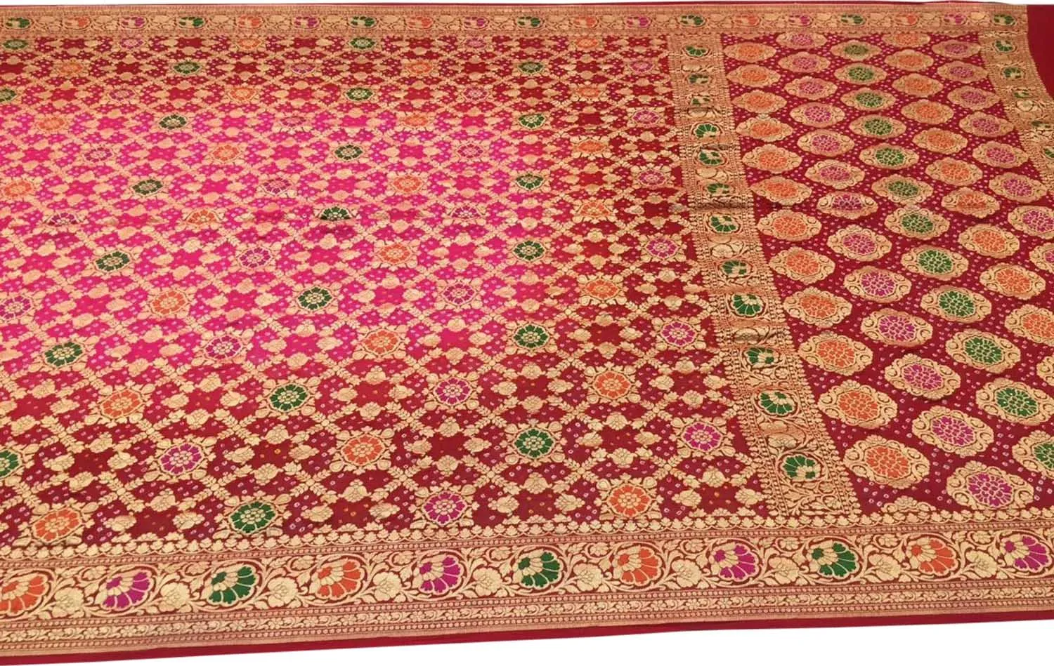 Stunning Pink and Red Banarasi Bandhani Saree